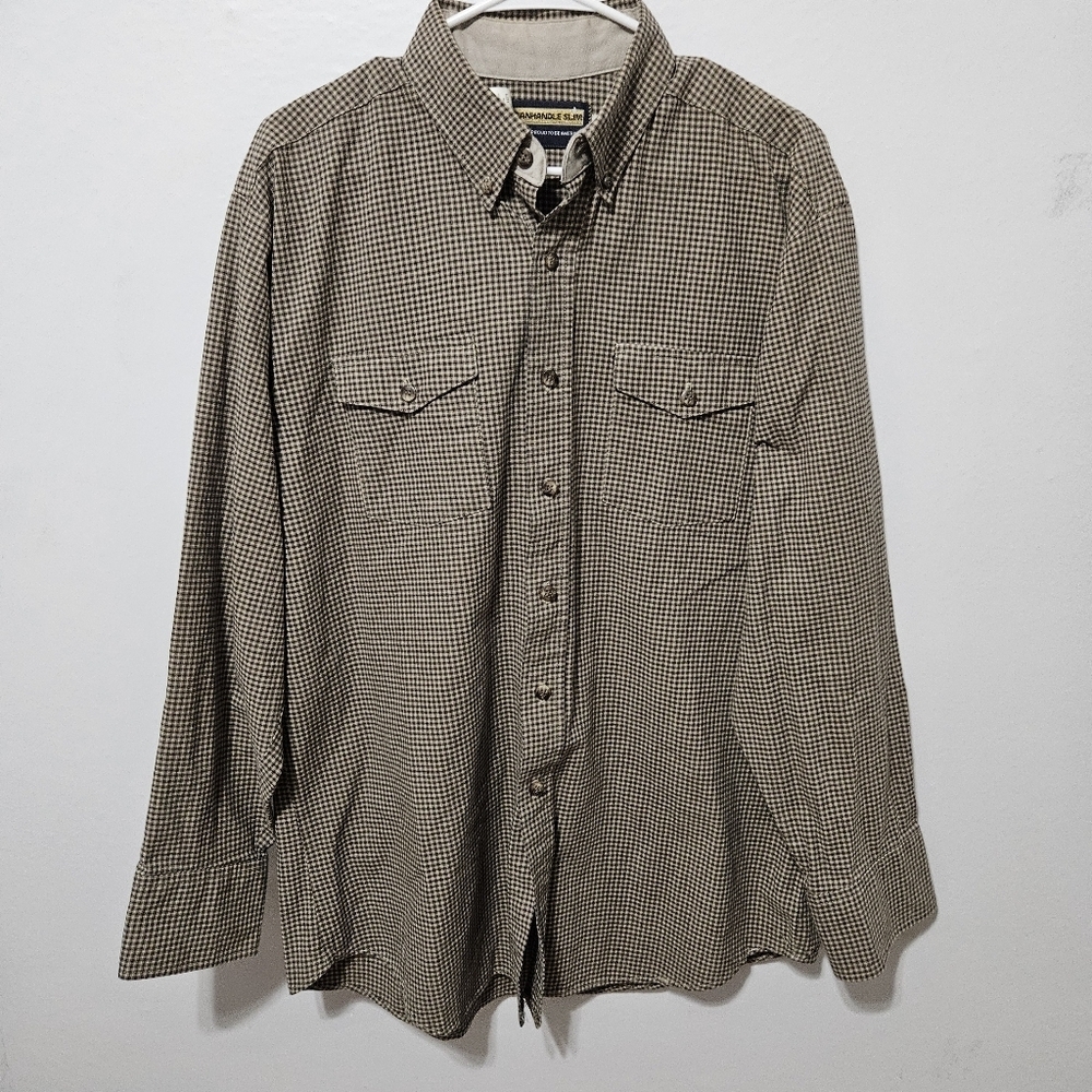 Panhandle Slim Long Sleeve Button Down Brown Tan Check Plaid 17 35 USA Made B17